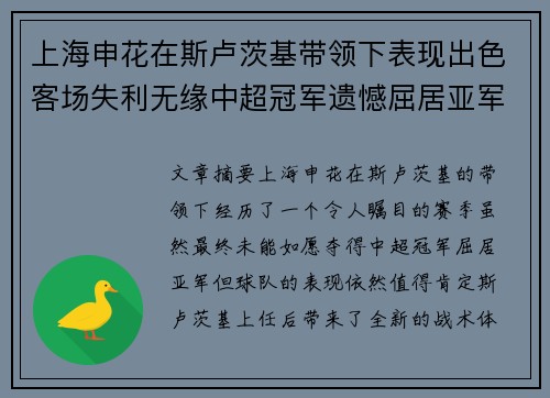 上海申花在斯卢茨基带领下表现出色客场失利无缘中超冠军遗憾屈居亚军