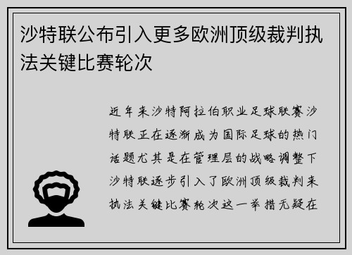 沙特联公布引入更多欧洲顶级裁判执法关键比赛轮次