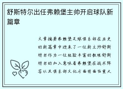 舒斯特尔出任弗赖堡主帅开启球队新篇章 舒斯特尔出任弗赖堡主帅开启球队新篇章